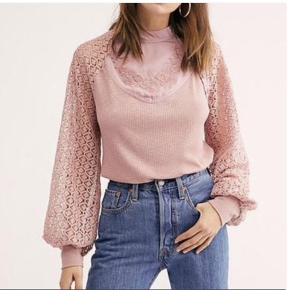Free People Sweetest Thing Lace Sleeve Top Crochet Embroidered Blush Women's Sm